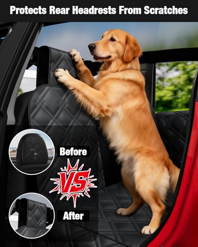 Dog Car Seat Cover for Back Seat Compatible with Tesla Model Y — Hard Bottom Pet Travel Hammock with Seat Extender, Waterproof Backseat Dog Cover with Door & Headrest Protectors - size: Tesla Dog Car Seat - Hard Bottom