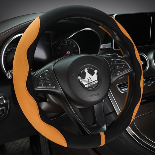 HighnessHwoo Luxury Suede Steering Wheel Cover for Cars, Soft Leather Padded Wheels Cover for F150, Trucks, Jeep, Van, Auto Thin Large Car Handle Cover, Universal Fit, Anti Slip, 15.2-16in, Orange - color: Orange+Black, size: Large Size[15.2-16"](38.6-40.