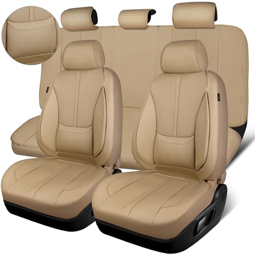 CAR PASS Nappa Leather Seat Covers Full Set, 3D Foam Faux Leather Car Seat Covers with Lumbar Support, Water Resistant Comfort & Universal Fit for Cars SUV Truck Most Vehicles, All Beige - color: All Beige, size: Full Set