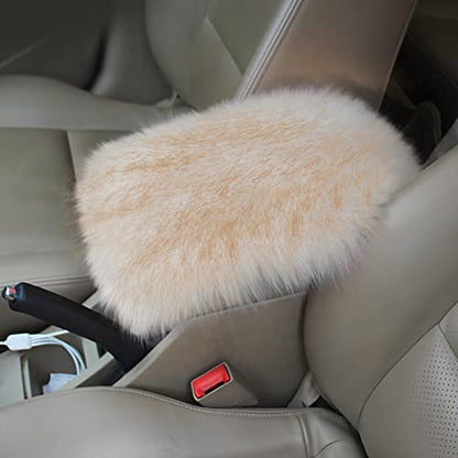 Furry Auto Center Console Cover Pad, 11.8"x7.8" Fluffy Soft Sheepskin Wool Armrest Cushion, Car Interior Accessories for Women and Men (White/Yellow) - color: White/Yellow