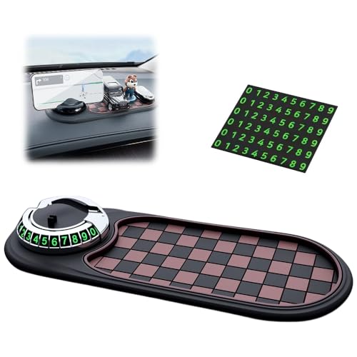 Multifunction Car Anti-Slip Mat, Non-Slip Dashboard Storage Pad with 360° Rotatable Phone Holder & Temporary Parking Number, Car Organizer for Phone, Keys & Small Items (Brown+Silver) - color: Brown+Silver