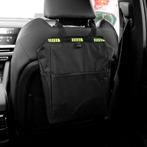 Hanging Car Trash Can with Lid and Storage Pockets Portable Leakproof Vehicle Trash Bag for Car Trips Commuters(Black)