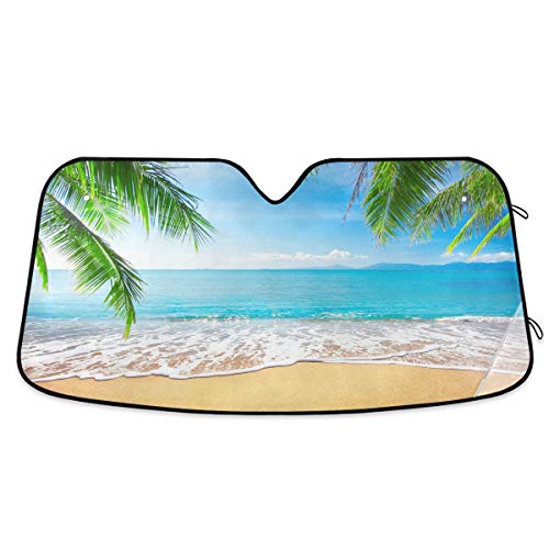 Palm Leaf Tropical Beach Car Windshield Sun Shade Block UV Rays Sun Visor Protector Accordion Folding Sunshade Keep Vehicle Cool & Damage Free, Easy to Use, Fits Windshields of Various Sizes - color: Green blue-palm leaf tropical beach