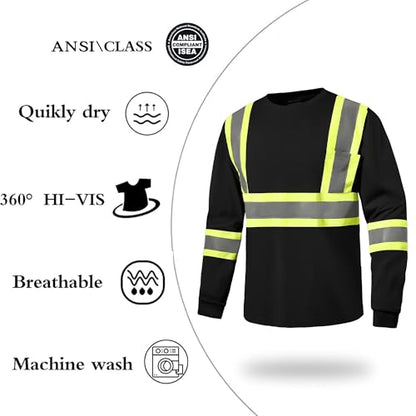 High Visibility Class 3 Shirts，Hi Vis Safety Long Sleeve Quick Dry Mesh Construction Work - color: Black, size: Medium