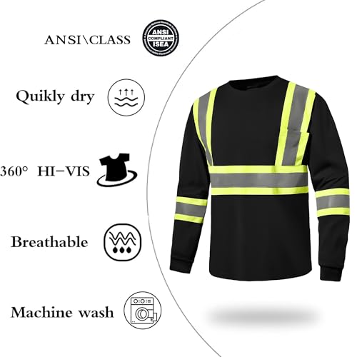 High Visibility Class 3 Shirts，Hi Vis Safety Long Sleeve Quick Dry Mesh Construction Work - color: Black, size: X-Large