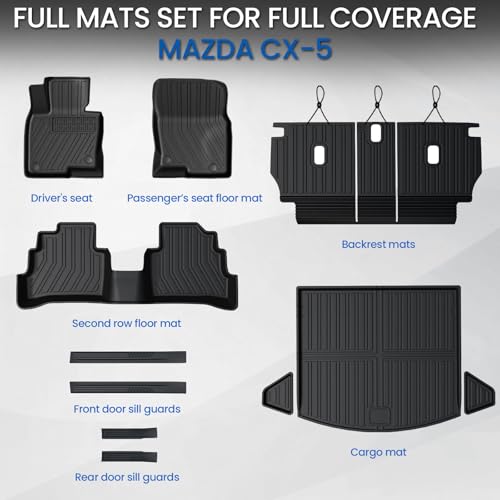 Floor Mats Set for 2017-2025 Mazda CX-5, All Weather TPE Backrest Mat Trunk Mat Cargo Liner Door Sill Guards Accessories for CX5 (Full Mats Set) - style: Floor Mats Set