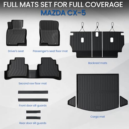 Floor Mats Set for 2017-2025 Mazda CX-5, All Weather TPE Backrest Mat Trunk Mat Cargo Liner Door Sill Guards Accessories for CX5 (Full Mats Set) - style: Floor Mats Set