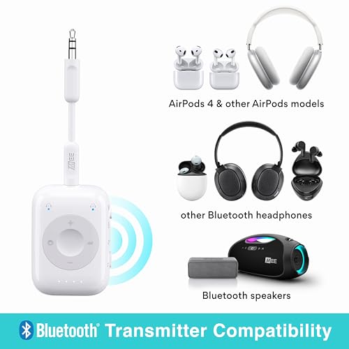 MEE audio Connect Air Pro (2 PACK) Bluetooth Wireless Audio Transmitter & Receiver for AirPods or Bluetooth Headphones, 2-in-1 Adapter with Detachable Cable for 3.5mm devices on Airplanes, Black&White - color: 2PK Black+White, style: Connect Air Pro