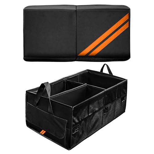 YOSRTER for Dodge Charger Durango Challenger Ram Car Trunk Organizer Collapsible Storage Box with Handle Foldable Lid Non Slip Bottom Sturdy Base Panel 2 Compartment Orange Trim - color: Orange Trim