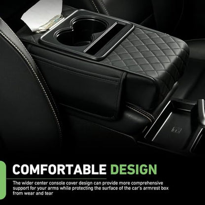 Car Center Console Cover Organizer, Armrest Box Height Increase Cover with 2 Cup Holders & 1 Tissue Bag, Leather Highly Elastic Armrest Box Protector, for Most Vehicles (Black)