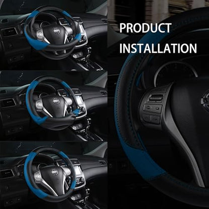 Leather Car Steering Wheel Cover, Non-Slip Car Wheel Cover Protector Breathable Microfiber Leather Universal Fit for Most Cars (Blue-2) - color: Blue-2