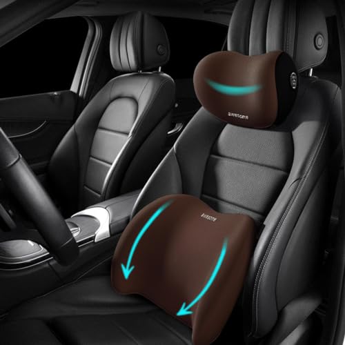 Car Lumbar Support Pillow and Car Neck Pillow Kit, Ergonomic Car Seat Headrest & Lumbar Cushion with Adjustable Strap for Neck Back Pain Relief, for Office Chair/Truck/Wheelchair (Coffee) - color: Coffee