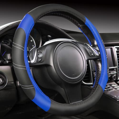 CAR PASS Line Rider Microfiber 14 Inch Leather Sporty Steering Wheel Cover Universal Fits for Truck,SUV,Cars, Anti-Slip Safety Comfortable Desgin (Black-Blue) - color: Black＆Blue, size: Small[13.5"-14"]