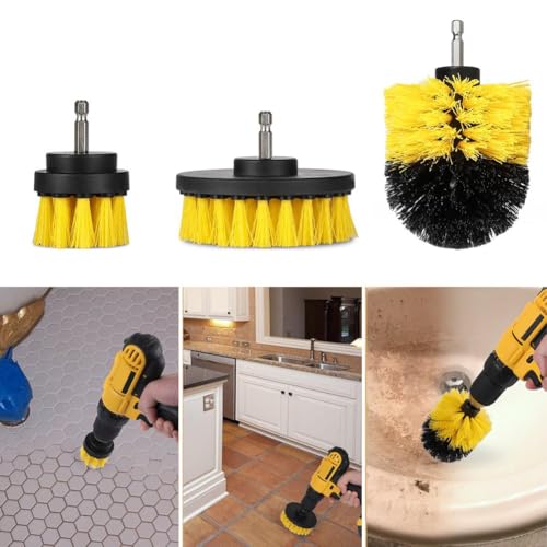 Drill Brush Car Detailing Attachment Set - 3 Piece Power Scrubber Brush Kit for Wheels, Tires, Carpet, Interior, Upholstery - Medium Stiff Nylon Brushes for Cordless Drill Cleaning