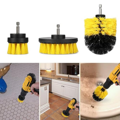 Drill Brush Car Detailing Attachment Set - 3 Piece Power Scrubber Brush Kit for Wheels, Tires, Carpet, Interior, Upholstery - Medium Stiff Nylon Brushes for Cordless Drill Cleaning