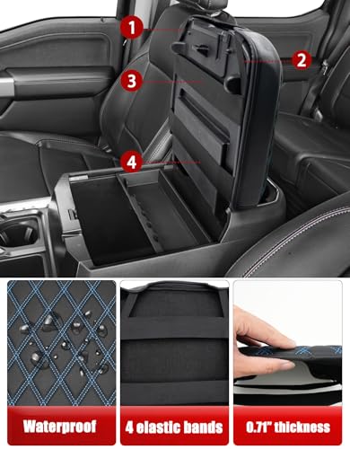 Center Console Armrest Cover for Ford F250 F350 F450 F550 Super Duty 2023 2024 2025 2026, Bucket Seat Console, Arm Rest Lid Box Cushion Pad, Anti-scratch, Black-Blue stitch - size: Bucket Seat, 23-26 F250-F550, Blue Stitch