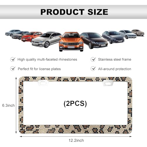 DXNQ 2PCS Bling License Plate Frame, Sparkly Rhinestone Diamond License Plate Cover with Crystal Screws Caps, Glitter Crystal Stainless Steel License Plate Holder for Women (Leopard) - color: Leopard, 2PCS