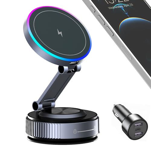 Magnetic Phone Holder for Car Wireless Charging, 15W Fast Wireless Car Charger with Vacuum Suction, 360° Adjustable Magnetic Mount for Dashboard & Windshield, Hands-Free for MagSafe iPhone & Android - size: General