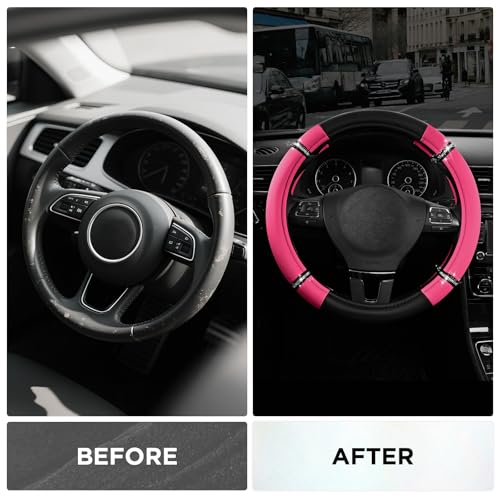 Road Comfort Leather Steering Wheel Cover – Premium Anti-Slip Car Steering Wheel Grip Cover – Universal Fit for 14.5”–15” Cars, Trucks & SUVs - Hotpink - color: Hotpink