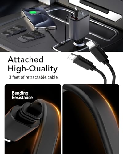 Retractable Car Charger, 4 in 1 Fast Charging 69W, Cigarette Lighter Adapter 2 Retractable iPhone Cables and USB Car Charger,Compatible with iPhone 14/13/12/11,Galaxy,Pixel - size: Cords for apple 5-14