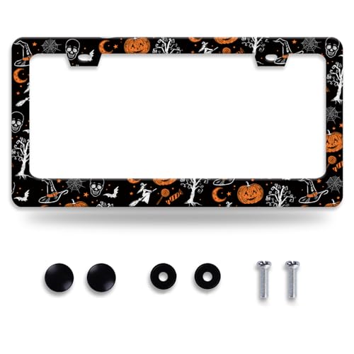 Pumpkin Witch Gothic License Plate Frame Bat Spider Web License Plate Holder Funny Personalise Car Stainless Stee Decorative Parts for Standard Us Canada Vehicles 12x6 Inch for Women Men - color: Pumpkin Witch Gothic