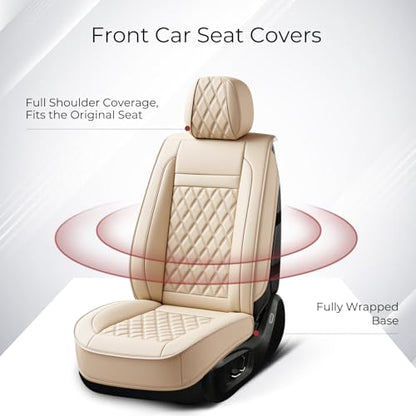 Huidasource Beige Seat Covers Full Set, Nappa Leather Seat Cover Hollow Design Airbag Pops, Front ＆ Back Seat, 5 Layers Seat Covers for Most Cars, Vans, Trucks, SUVs Universal Fit (Full Set/Beige) - color: 02FS# Beige, size: 5pcs Full Set