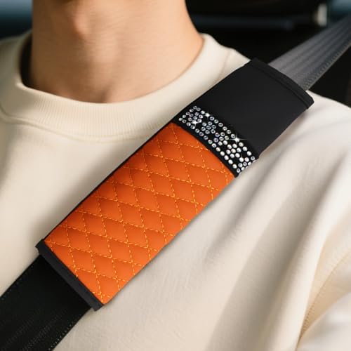 wuyaoyao 2PCS Bling Car Seat Belt Cover Pad, Breathable Leather Seatbelt Covers for Cars, Soft Comfortable Seatbelt Shoulder Strap Covers, Rhinestone Auto Seat Belt Protector Cushion (Orange) - color: Orange
