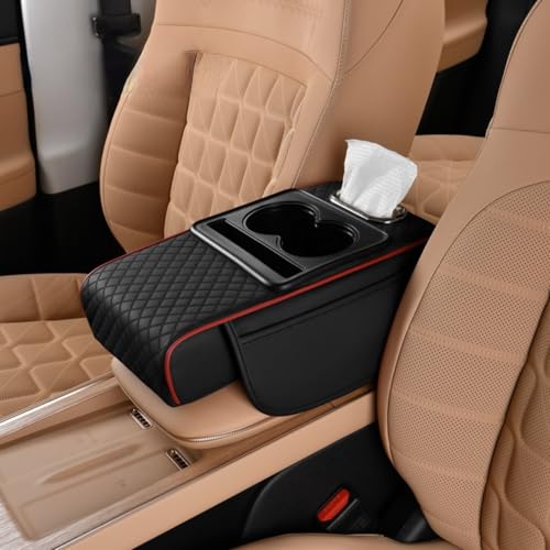 Car Center Console Pad Leather Armrest Pad w/Cup Holder, Tissue Box Slot, Side Bag, Phone Slot for Car Sedans (Embossed, Black-Red) - color: Black-Red, style: Embossed
