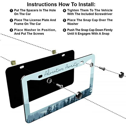 2Pcs Adventure Awaits License Plate Frames Cover Holders Stainless Steel License Plate Cover with Screw Caps Cover and Screwdriver Set - 2-Hole for Girl Women (Adventure Awaits) - color: Adventure Awaits