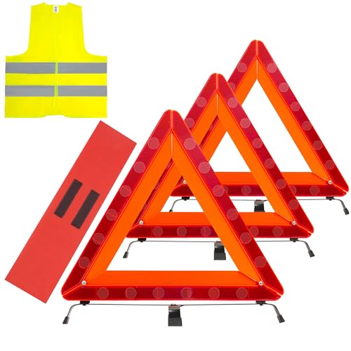 AYKRM 3Pack Car Warning Triangle Heavy Reflective Warning Road Safety Triangle Kit Suitable for car Breakdown and Temporary Parking on the Road. - color: Red-M-3