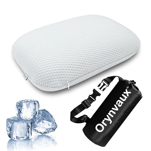 Cooling Camping Pillow, Memory Foam Travel Pillow with Adjustable Buckle Strap & Storage Bag, Compact Small Pillow for Airplane, Car Lumbar, Office, Washable Cooling Cover, Frost White - color: Frost White, size: S-14.9*10.2*3.6in