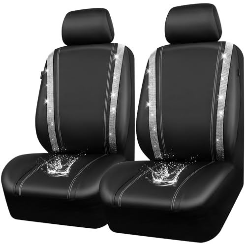 CAR PASS Leather Bling Diamond Car Seat Cover 2 Front Interior Sets, Waterproof Universal Shining Glitter Crystal Sparkle Fit for 95% Automotive Truck SUV Cute Women Girl, Black Silver Rhinestone - color: Silver, size: Two Front Seats