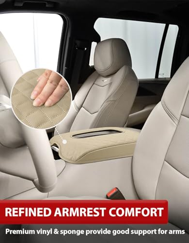 KBH Center Console Armrest Cover for Cadillac Escalade 2015 2016 2017 2018 2019 2020, Vinyl Leather Trim, Middle Console Arm Rest Lid Cushion Pad, Anti-Scratch, Beige - color: Beige, size: Cadillac Escalade 2015-2020