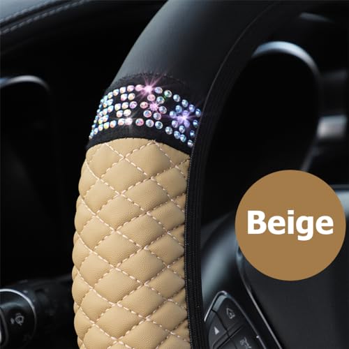 Osilly Bling Car Steering Wheel Cover, 15 Inch Rhinestones Soft Leather Elastic Steering Wheel Protector, Sparkly Crystal Diamond for Women Girls (Beige) - color: Beige