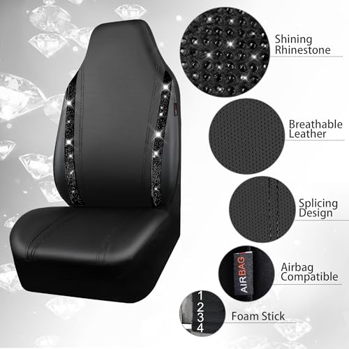 CAR PASS Leather Car Seat Covers High Back Bucket Bling Diamond Front Seats, Waterproof Universal Shining Glitter Crystal Sparkle Fit Model 3 Tesla Model Y, Truck SUV Cute Women Girl, Black Rhinestone - color: Black Rhinestone, size: Two Front Seats