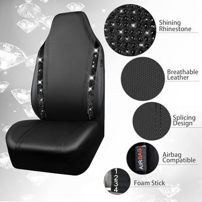 CAR PASS Leather Car Seat Covers High Back Bucket Bling Diamond Front Seats, Waterproof Universal Shining Glitter Crystal Sparkle Fit Model 3 Tesla Model Y, Truck SUV Cute Women Girl, Black Rhinestone - color: Black Rhinestone, size: Two Front Seats
