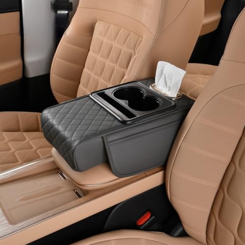 Car Center Console Pad Leather Armrest Pad w/Cup Holder, Tissue Box Slot, Side Bag, Phone Slot for Car Sedans (Quilted, Grey) - color: Grey, style: Quilted