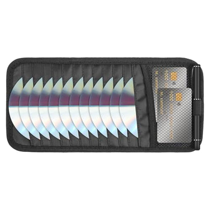 Car CD Holder DVD Vehicle Visor Storage Organizer Black Large Capacity CD Visor Case with 12 DVD Storage Sleeves, 1 Mesh Pocket, 1 Pen Loop & Elastic Strap