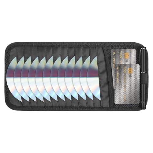 Car CD Holder DVD Vehicle Visor Storage Organizer Black Large Capacity CD Visor Case with 12 DVD Storage Sleeves, 1 Mesh Pocket, 1 Pen Loop & Elastic Strap