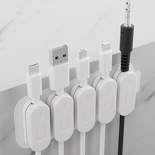 CHARGEWORX Pack of 5 Magnetic Cable Clips, Adhesive Cord Organizer for Desk, Nightstand, Wall or Car, Wire Holder for USB-C, Lightning and Micro-USB Cables - color: White