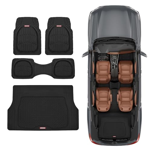 Motor Trend Original FlexTough Black Rubber Car Floor Mats with Cargo Liner - All Weather Automotive Floor Mats, Heavy Duty Trim to Fit Design, Odorless Floor Liners for Cars Truck Van SUV
