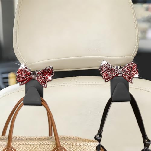 Zpana Bling Car Headreat Hook, 2PCS Crystal Rhinestone Cute Bow Vehicle Seat Back Hanger Storage for Purses Bags Grocery, Diamond Auto Rear Seat Organizer, Universal for SUV Truck Sedan (Red) - style: Red/2PCS