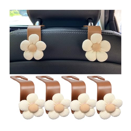 4PCS Car Headrest Hooks, Cute Flower Vehicle Seat Organizer Hooks for Purses and Bags, Portable Automotive Purse Hanger Holder Decoration, Universal for SUV, Sedan, Truck (Beige/Brown) - color: Beige/Brown