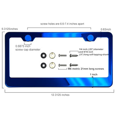 T304 Stainless Steel License Plate Frame – 8K Mirror Polish Finish, Rust-Resistant, Slim Design, Universal Fit, Includes Screw Caps, Washers & Stainless Steel Screws (Blue Chrome) - color: Blue Chrome