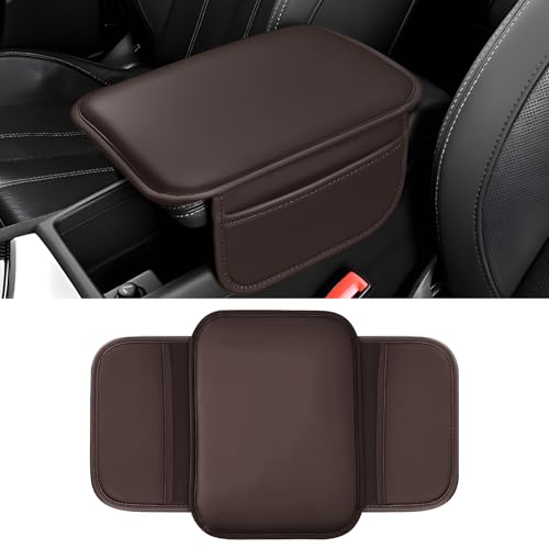 Car Center Console Cover, 11.6"×8.3" Leather Car Armrest Cushion Pad with 2 Storage Pockets, Comfortable Arm Rest Box Cover Mat for Most Vehicles, Universal Interior Accessories (Brown) - color: Brown