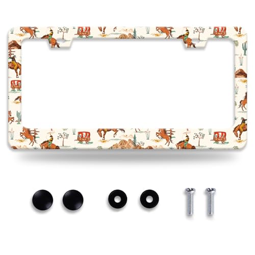 Western Cowboy License Plate Frame Horse Racing License Plate Holder Funny Personalise Car Stainless Stee Decorative Parts for Standard Us Canada Vehicles 12x6 Inch for Women Men - color: Western Cowboy