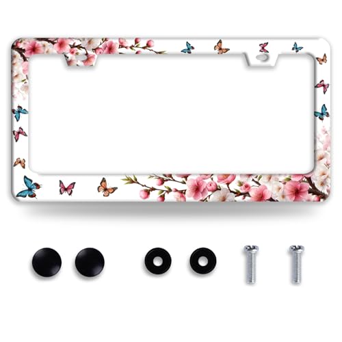 Cherry Blossom Butterfly License Plate Frame Funny Sakura Floral License Plate Frames for Car Decorative Parts Stainless Stee License Plate for Standard Us Canada License Plate Holder 12x6 Inch - color: Cherry Blossom Butterfly
