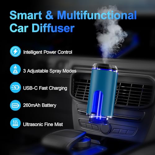 Smart Car Air Freshener Diffuser – Auto On/Off Aromatherapy Diffuser with 3 Scent Modes, USB Rechargeable, Vent Clip, 6 Essential Oil Refills Included – Long-Lasting Fragrance, Car Decor & Gift