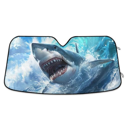 Windshield Sun Shade Cute Shark Blue Ocean Wave Front Window Block UV Shades Visor Reflective Retractable for Car SUV Trucks - color: F005