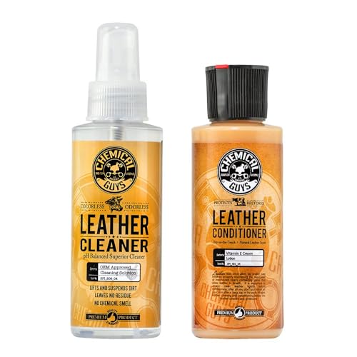 Chemical Guys Leather Cleaner and Conditioner Kit - 2 Bottles (4 oz Each), Car Cleaner and Conditioner, Safely Cleans & Conditions Leather Car Interiors, Furniture, Shoes, Boots, Bags, Apparel & More - style: 4 Fl Oz KIT